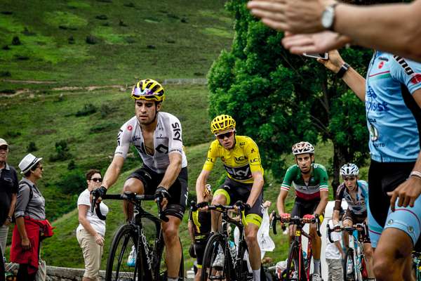 Chris Froome in the yellow jersey ascends the Col de Peyresourde - Tour de France 2017